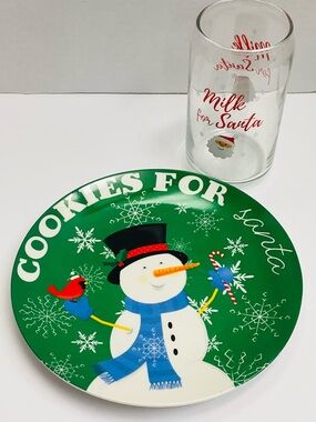🌼4/$10🌼 Cookies for Santa Snowman Plate with Milk for Santa Glass - 2pc Set